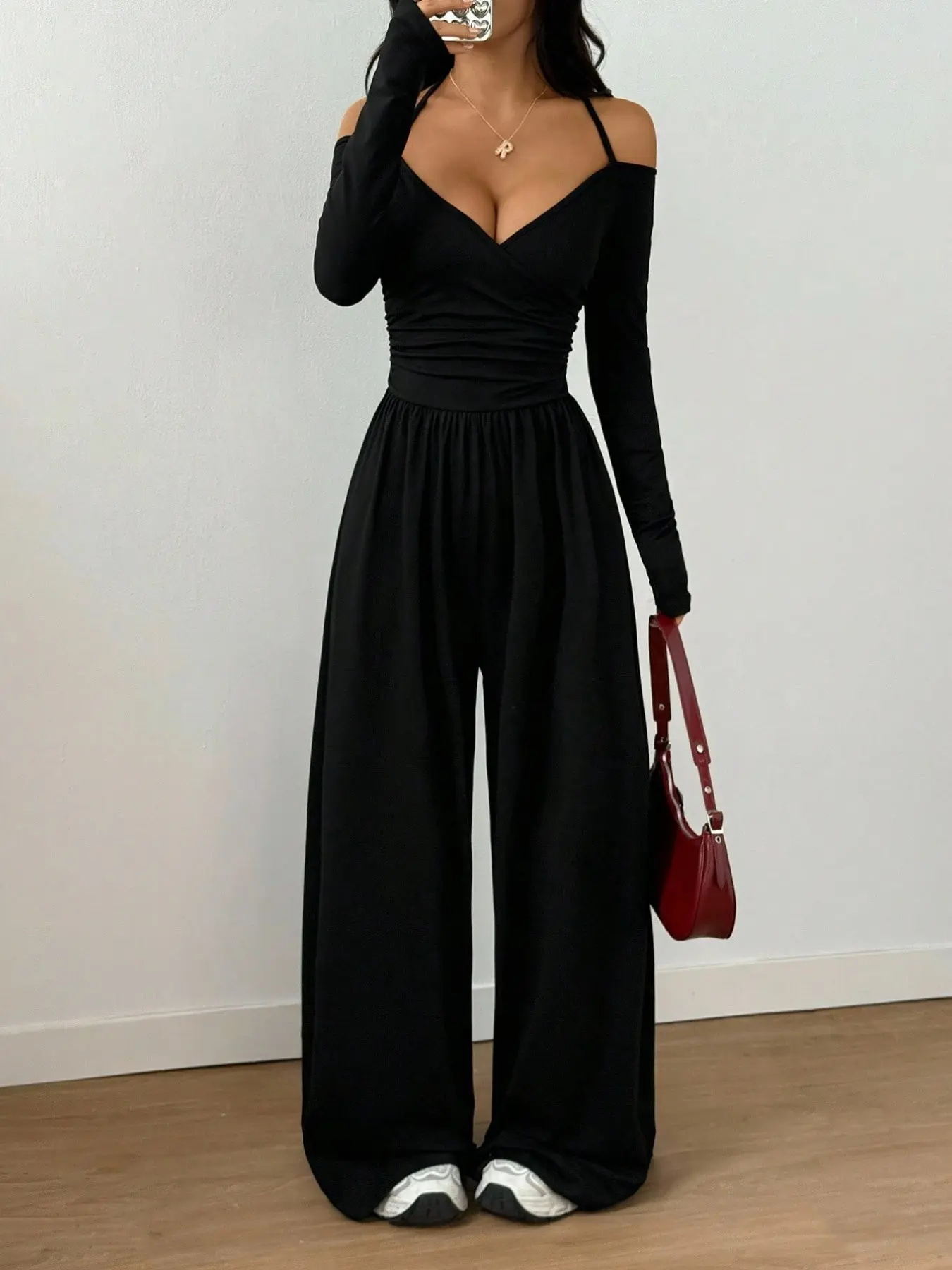 2026 Fall New Women off Shoulder Long Sleeve Jumpsuit, Wrap V Neck Ruched High Waist Wide Leg, Elegant Casual for Women