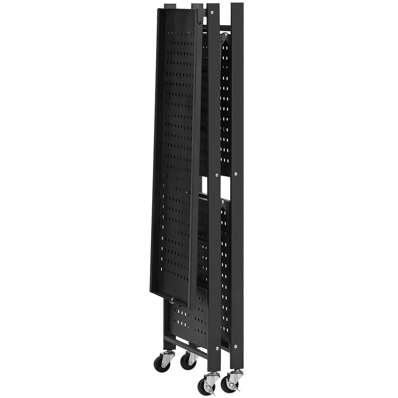 VEVOR 3-Tier Foldable Carbon Steel Storage Shelves, 13x28x36" Folding Metal Rack Unit, No-Assembly Organizer with 5 Wheels & 4 Hooks for Kitchen, Garage, Black VEVOR 3-Tier Foldable Carbon Steel Storage Shelves, 13x28x36" Folding Metal Rack Unit, No-Assembly Organizer with 5 Wheels & 4 Hooks for Kitchen, Garage, Black