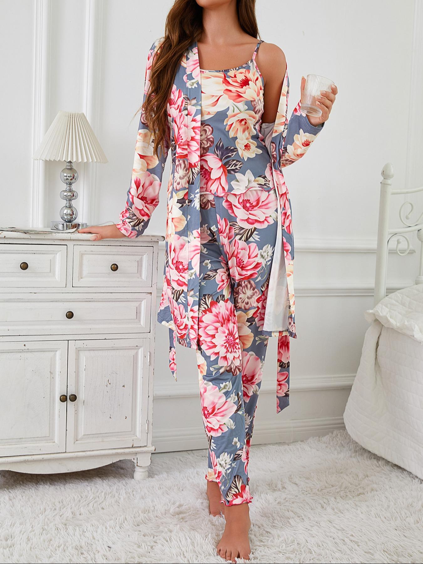 Floral Print Women's Robe Set + Strap Pants Three-Piece Comfortable Sleepwear Suit, Pajamas, Casual Home Wear for All Seasons