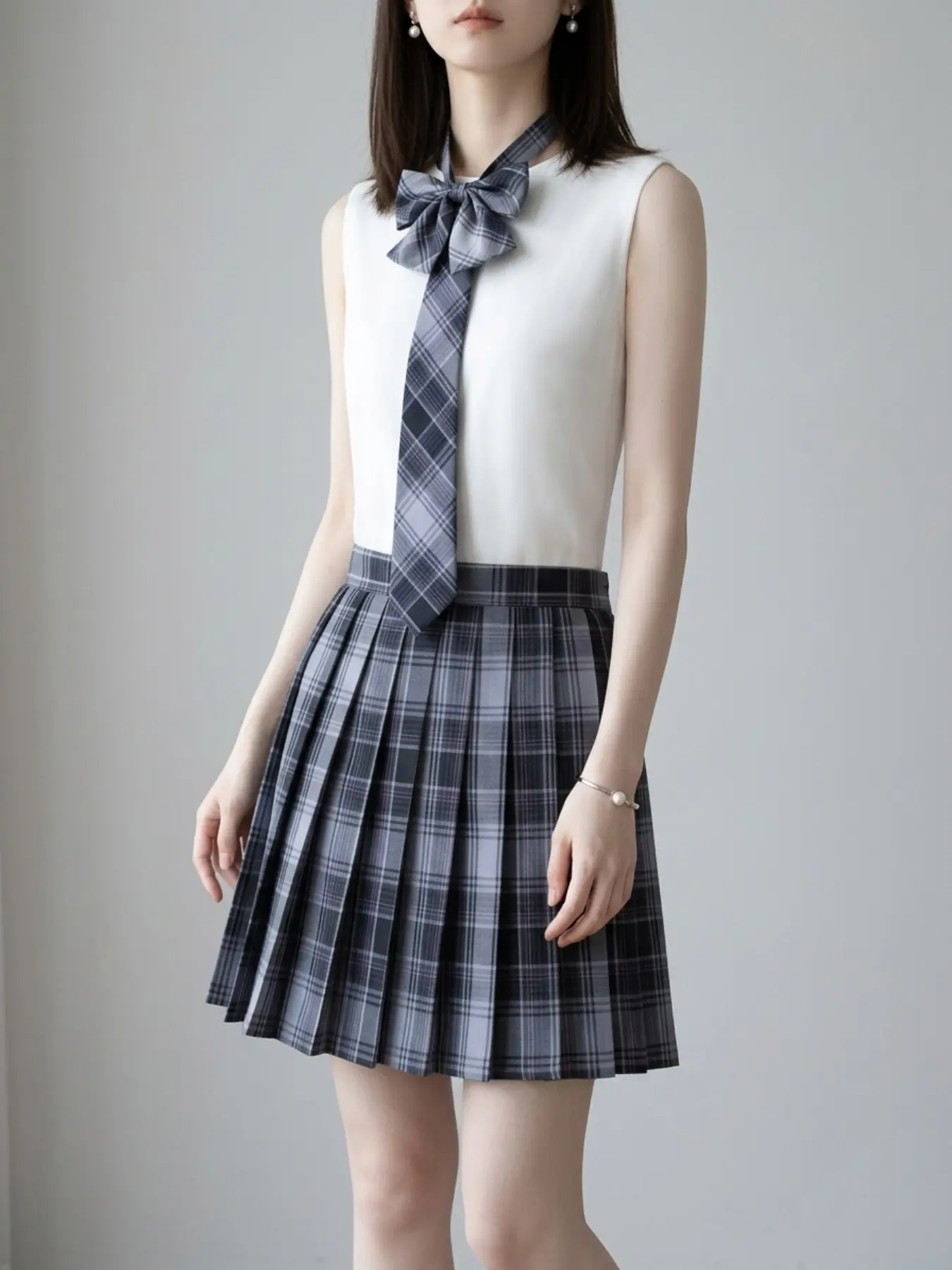 Jk Uniform Gingham Skirt, Japanese School Style Pleated Skirt, Floral Checkered Skirt with Bow Tie and Necktie, Cute Slim Fit Short Skirt