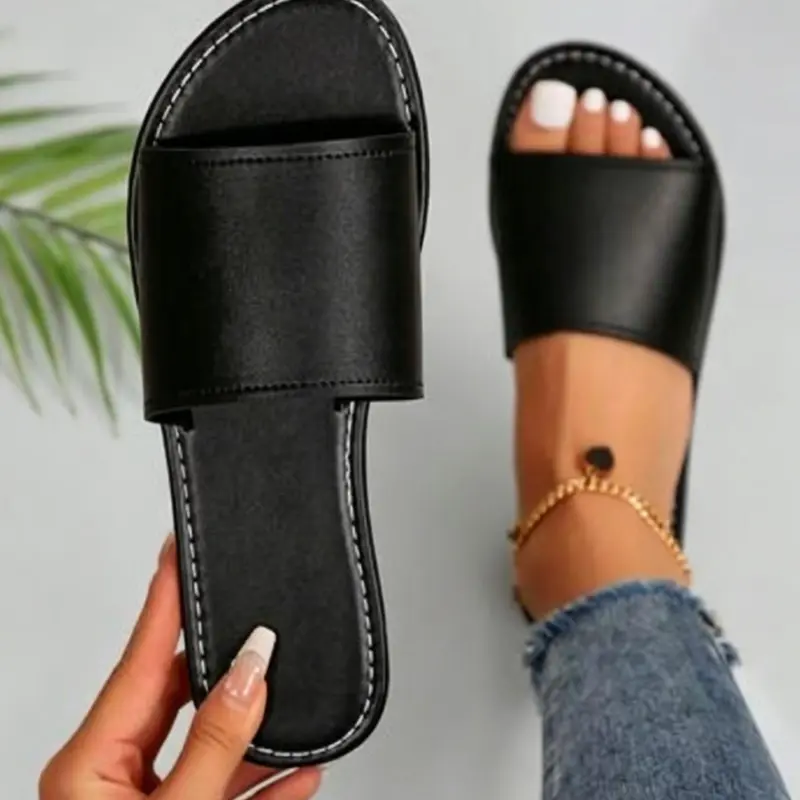 Women's Fashionable Plain Color Slide Sandals, Casual Comfortable Flat Sandals for Beach, Non-slip Slippers for Indoor & Outdoor Wear