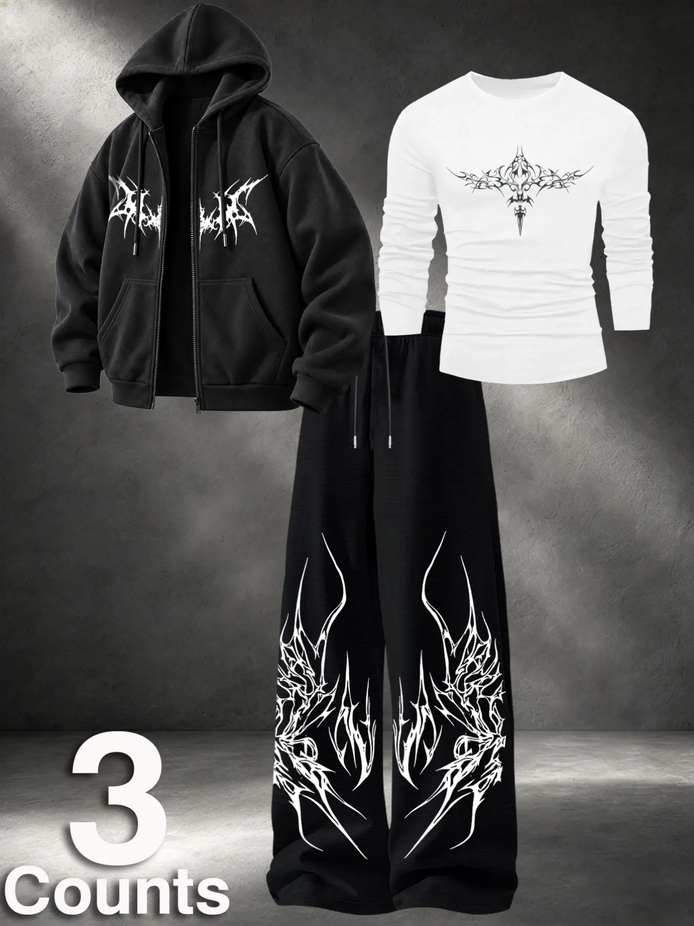 Men's 3-Piece Fashion Casual Set, Gothic Thorns Print Hooded Zip-Up Sweatshirt + Long Sleeve T-Shirt + Drawstring Pants, Loose Fit, Fall Winter