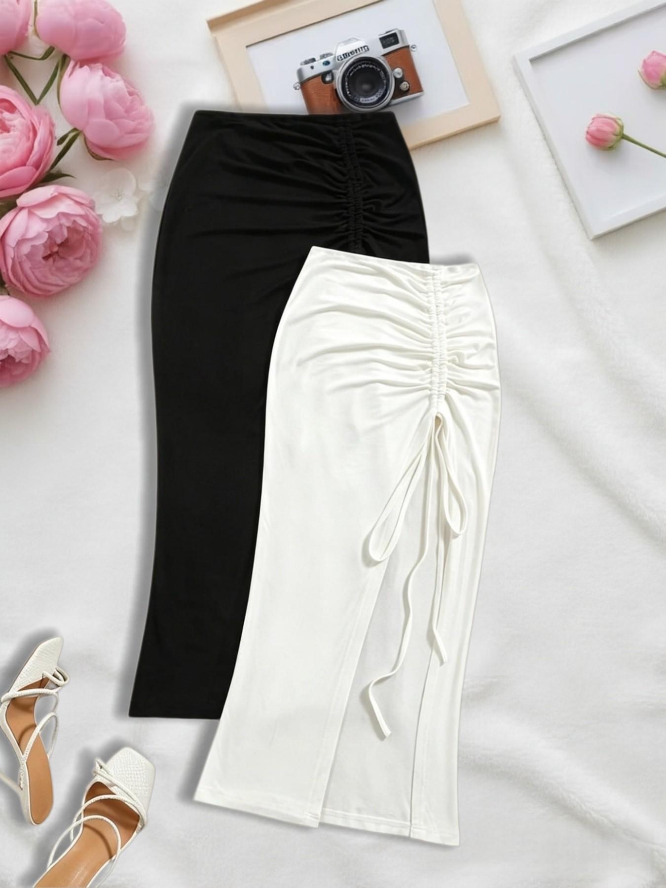 Two-Piece Punk Style Side Pleated Midi Skirt, Elastic Waist, Split Design, Office Wear, Fish Tail Butt Lift Skirt, Aesthetic, Fashion, Bottom