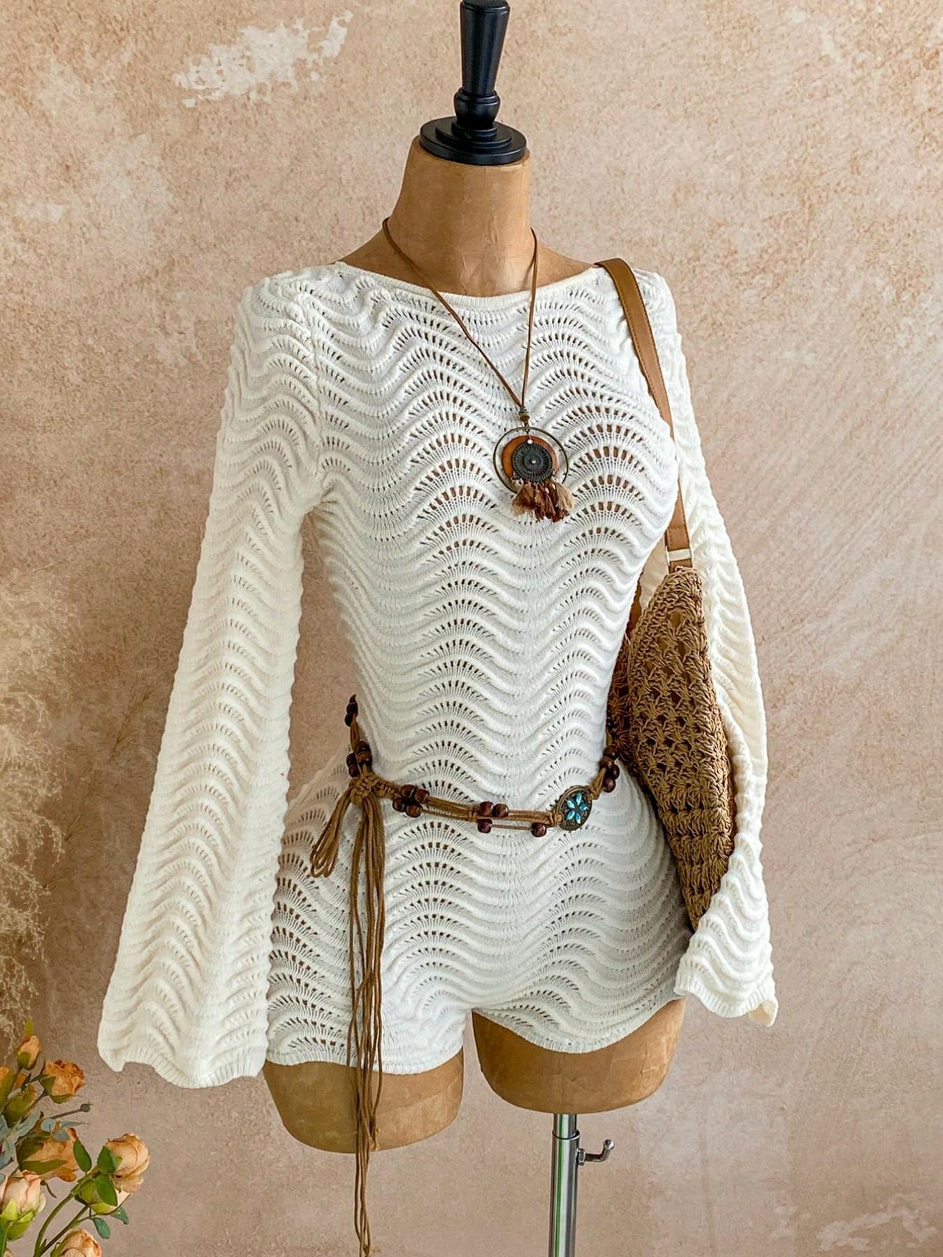 Women Boho White Crochet Knit Romper Summer Hollow Out Long Flare Sleeve Backless Tie Up One Piece Jumpsuit Beach Vacation Bohemian Bodysuit Casual See Through Knitted Playsuit