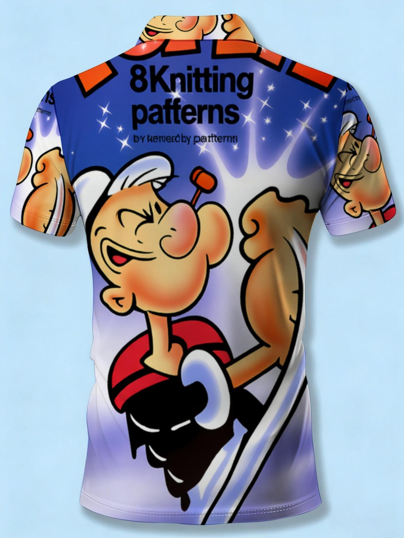 Cartoon Nautical Theme Short Sleeve Polo Shirt, Men's Casual Printed Lapel Top, Summer Beach Fashion Apparel