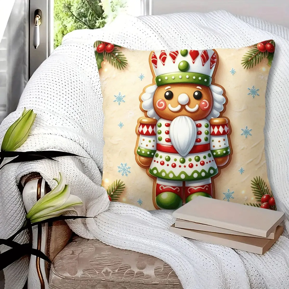 45x45cm 1Pc Christmas Nutcracker Gingerbread Man Print Throw Pillow, soft fluffy cozy durable decorative cushion, perfect for sofa, bed, bedroom and living room holiday decoration, ideal small Christmas gift.