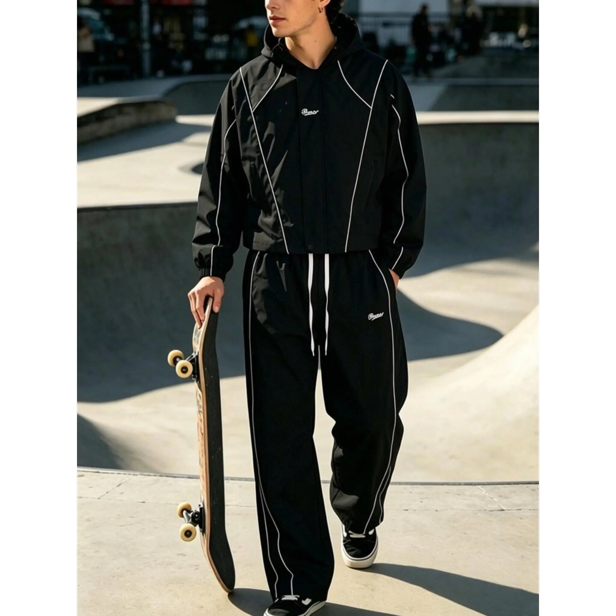 Men's Business Casual Athleisure Track Suit, 2 Piece Full Zip Hooded Windbreaker Jacket & Pants with Contrast Stripe Detail, Versatile Office Commute Daily Wear Athletic Outfit Set