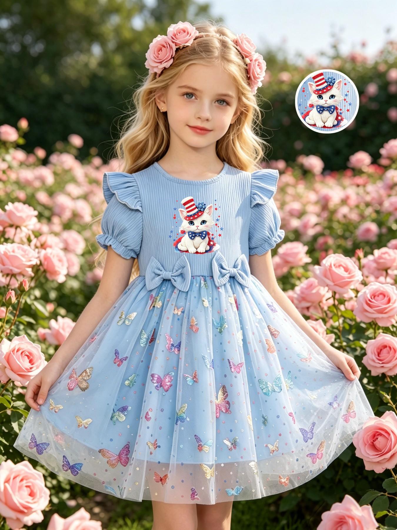 Girls' Elegant Princess Dress, Cartoon Butterfly Print, Slim-Fitting Summer Gown, Perfect for Easter, Valentine's Day, Parties, Gifts, Birthdays