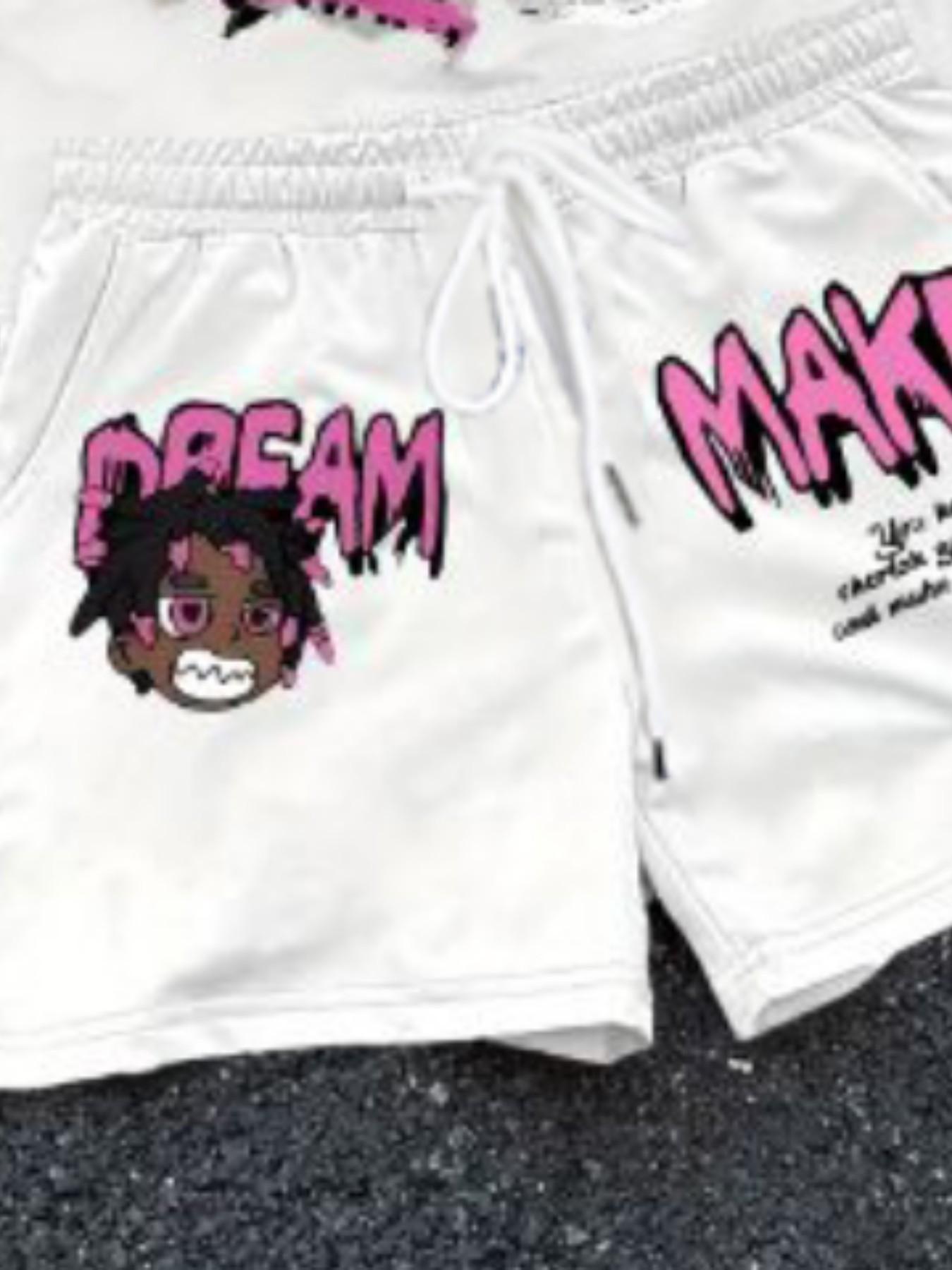 Summer Breathable Two-Piece Set, Cartoon Pattern Round Neck T-Shirt and Drawstring Shorts, Ideal for Outdoor Activities and Backpack Travel