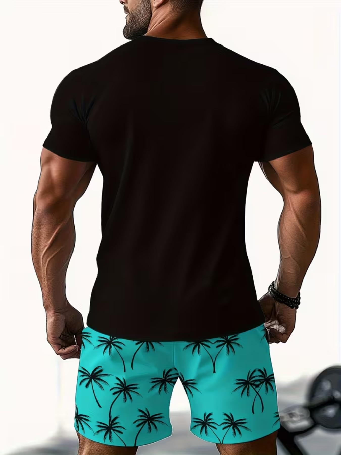 Men's Summer Vacation Tropical Coconut Tree Print Round Neck Pullover T-Shirt + Drawstring Shorts Set, Casual Loose Fit Two-Piece Men's Summer Vacation Tropical Coconut Tree Print Round Neck Pullover T-Shirt + Drawstring Shorts Set, Casual Loose Fit Two-Piece