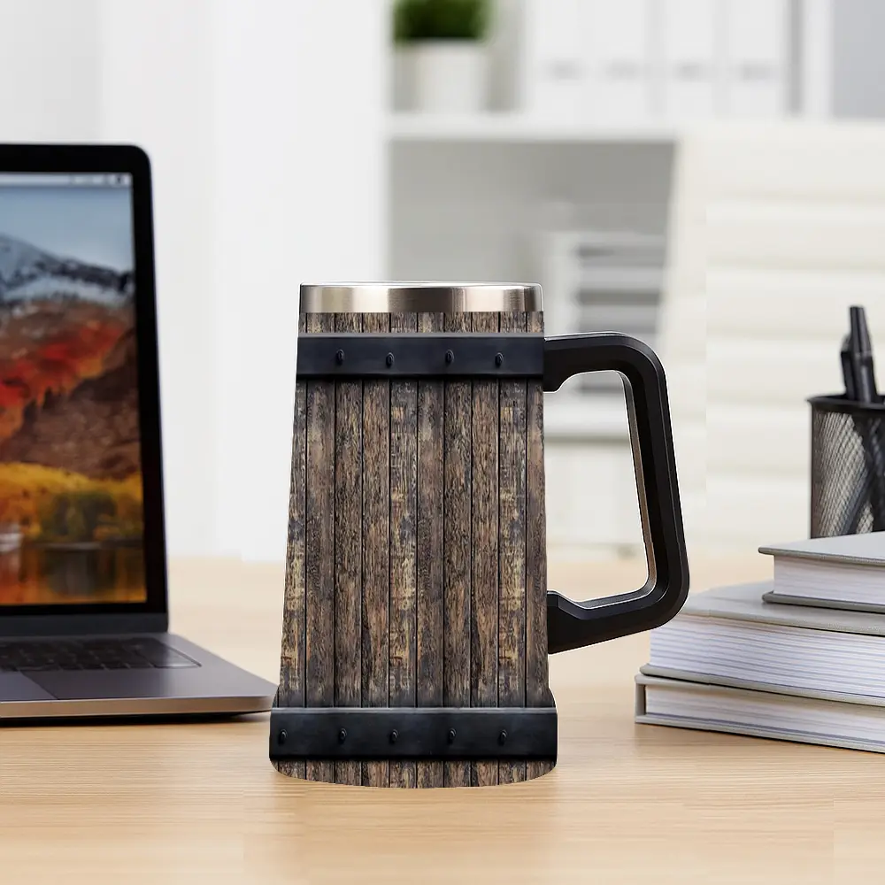 1pc 24oz Barrel Texture Stainless Steel Beer Mug With Big Handle, Vintage Rustic Wood Barrel Print Double Wall Insulated Travel Coffee Beer Cup, Leakproof Large Capacity Water Tumbler For Bar Pub Camping, Retro Western Gift For Men Beer Lovers