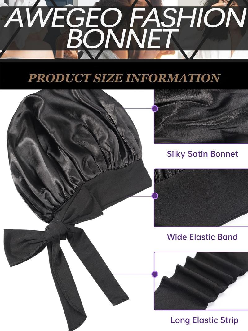 Women's Satin Bonnet with Tie, Soft Breathable Sleep Cap, Fashionable Plain Color, Comfortable Hair Protection Hat + 2 Silk Hair Ties