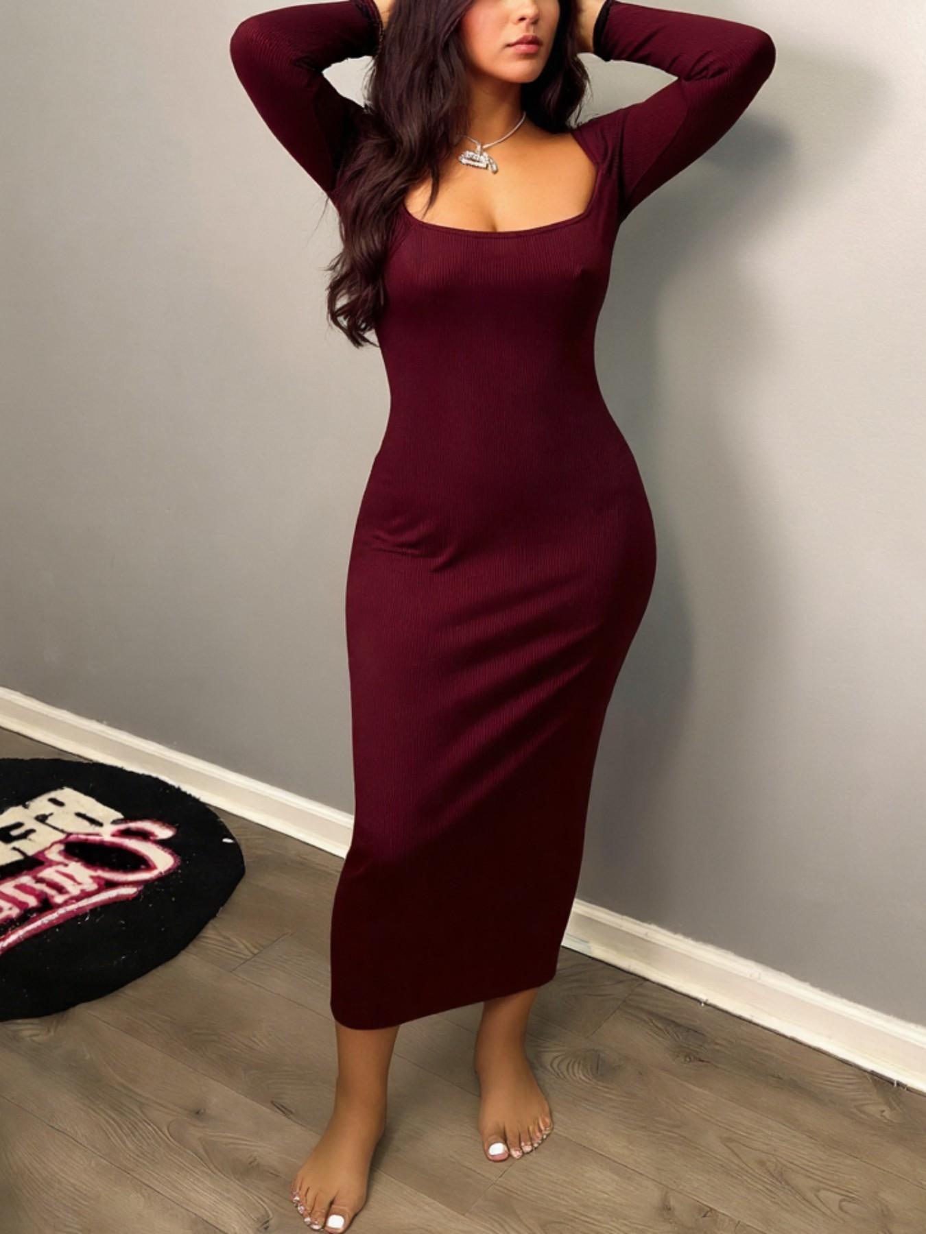 Women's Casual Tight-Fitting Dress, Low Neckline, bodycon dress，Plain Color, Spring & Fall Fashion, Moderate Fabric Thickness, Kint Style