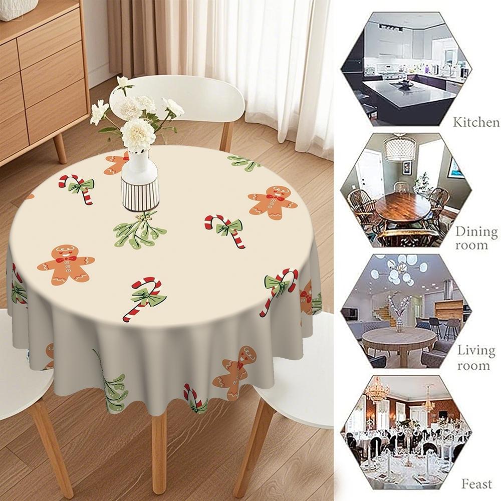 Christmas Gingerbread Man Tablecloth, 2D Flat Print, Polyester, 120g/m², Round, Kitchen Restaurant Decor, Party Gift, Hotel Home Use