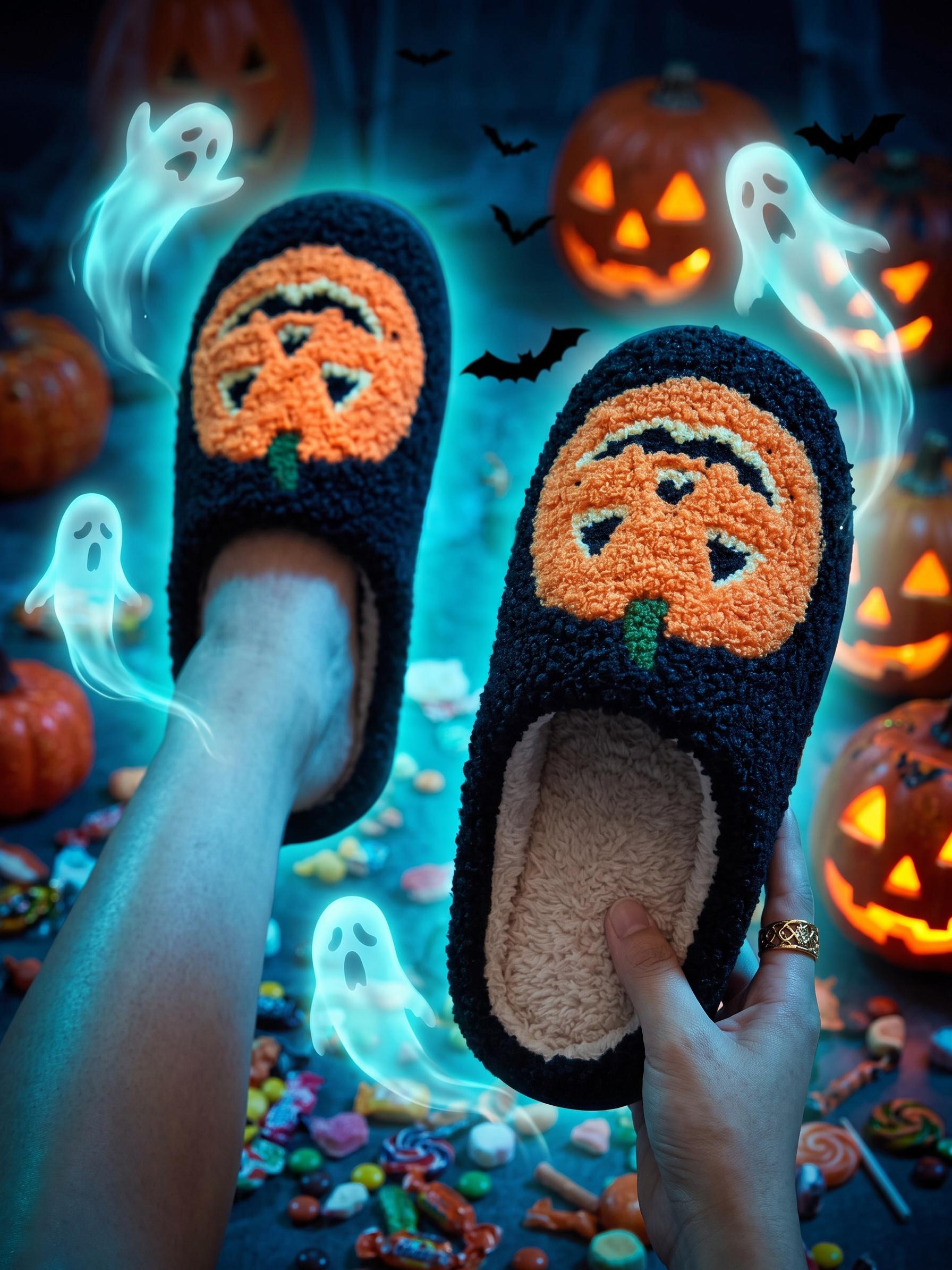Halloween Pumpkin Women's Slippers, Cozy Fuzzy Bedroom Shoes, Fashion Slip-On Lightweight Home Shoes, Halloween Gift, All Seasons