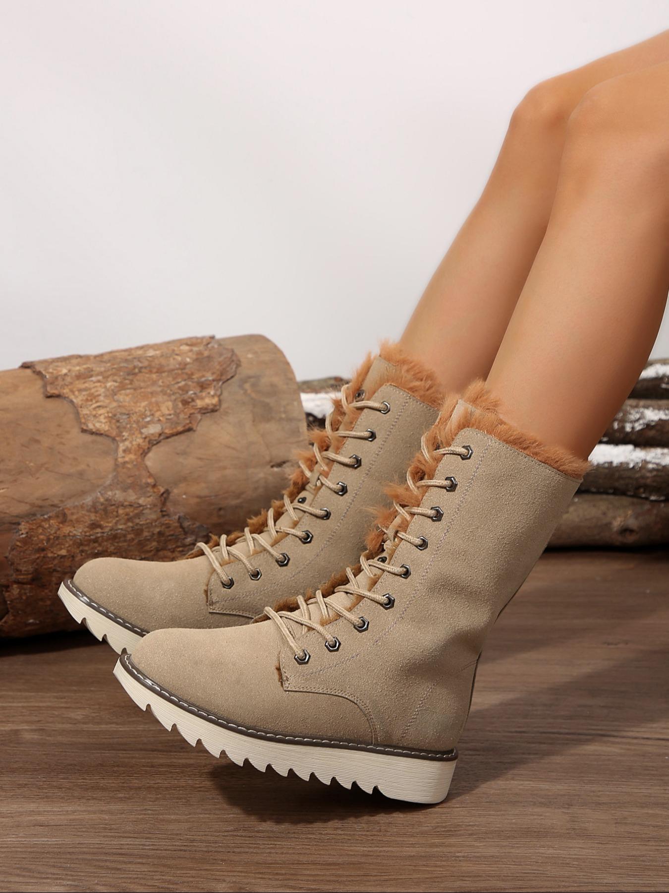 【Size Runs Small】 Women's Solid Color Boots, Fashionable Warm Boots for Winter Holiday Gift, Non-slip Outdoor Snow Boot Shoes for Women & Girls, Fur Boots for Women