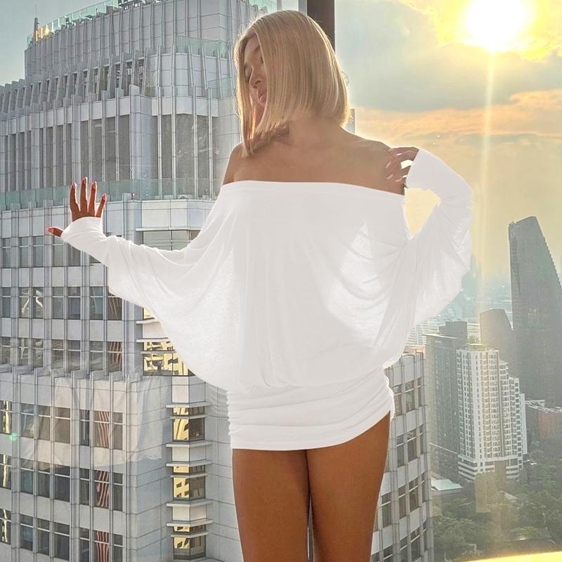 Women's Solid Off-The-Shoulder Long Sleeve Dress, Fashion Statement Casual Sheer Dress for Party Club Dating Wear, Women's Dress for Spring & Fall