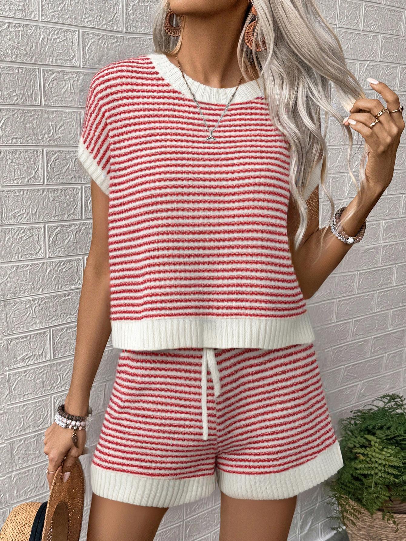Elegant Women's Spring Summer Fashion Casual Home Leisure Weekend Holiday Travel Beach Vacation Solid Knit Striped Ribbed Hollow Round Neck Sleeveless Sweater Set