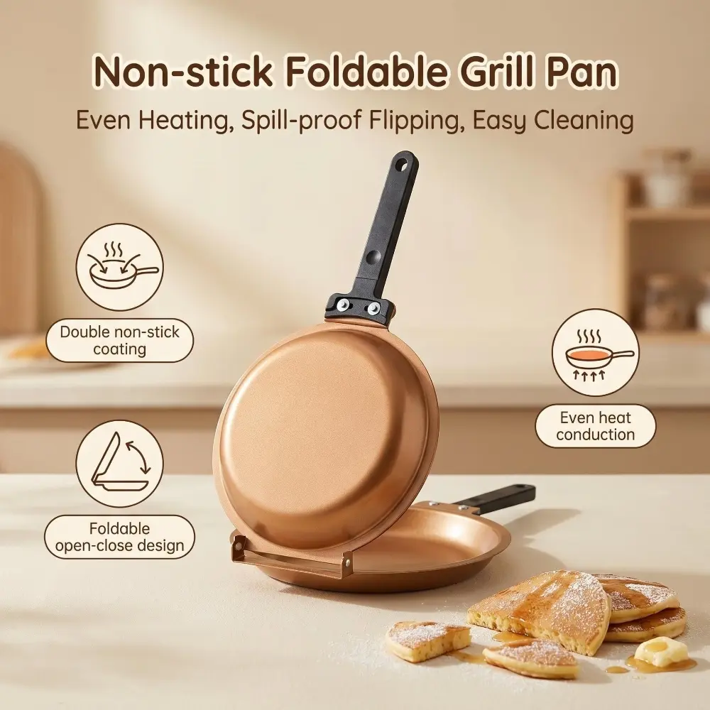 1-Pack Golden Frying Pan, Double Side Non-stick Flip Frying Pan, Pancake Griddle, Metal Pancake Maker, Cake Pan, Kitchen Cooking Pan, Egg Frying Pan