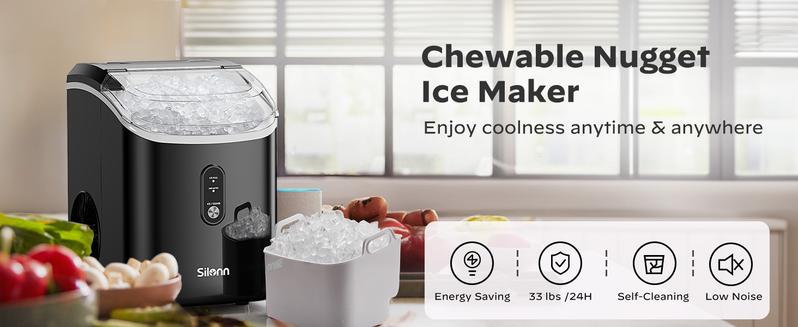 Silonn Nugget Ice Maker Countertop, Silonn Chewable Pellet Ice Machine with Self-Cleanin Function, 33lbs/24H Portable Ice Makers for Home Kitchen Officce, Black