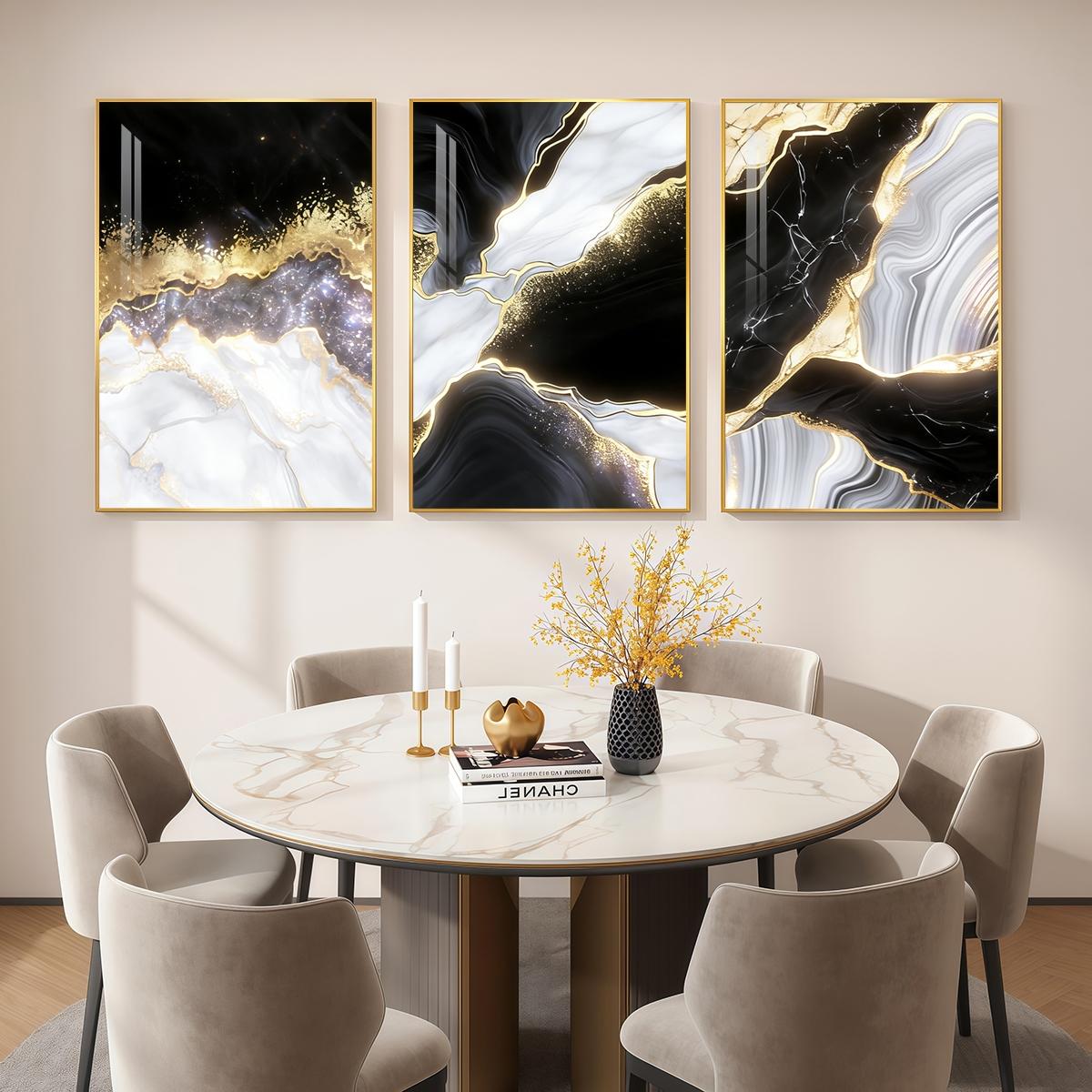 3 Counts Aluminum Alloy Framed Painting, Black White Gold Abstract Marble Art Pictures, Home Decoration For Living Room, Bedroom, Office, Restaurant, Hallway Wall Decor, Odorless Print Artwork, Luxury Perfect Gift For Friends And Family