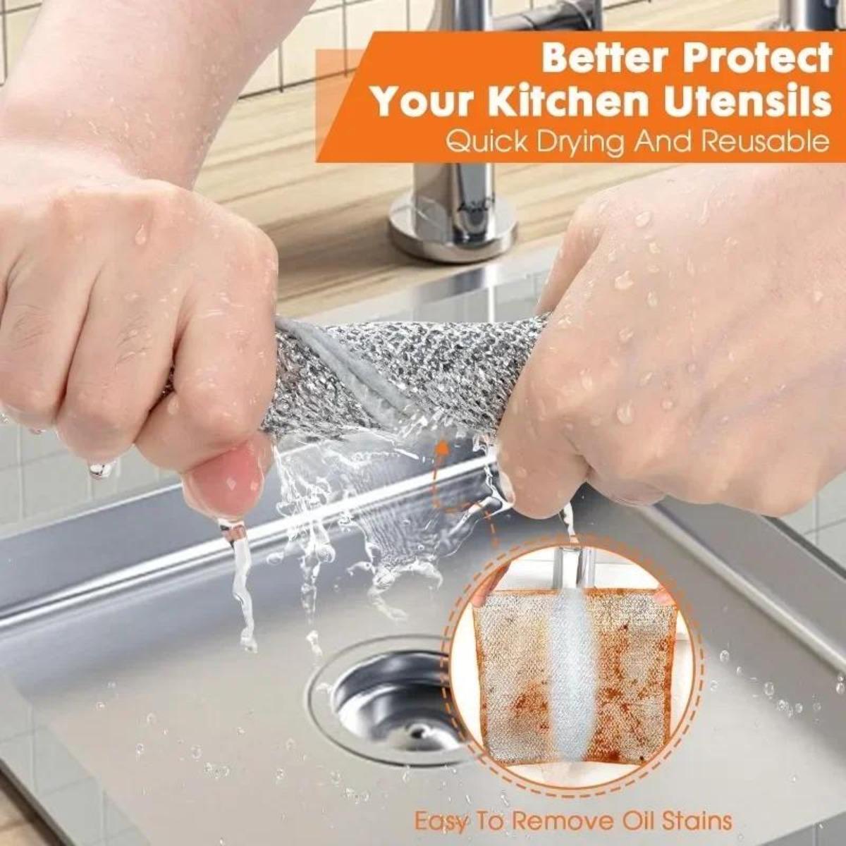 Double-layer magic steel wire cleaning cloth, metal silver thread dish towel, household kitchen cleaning rag and washing tool