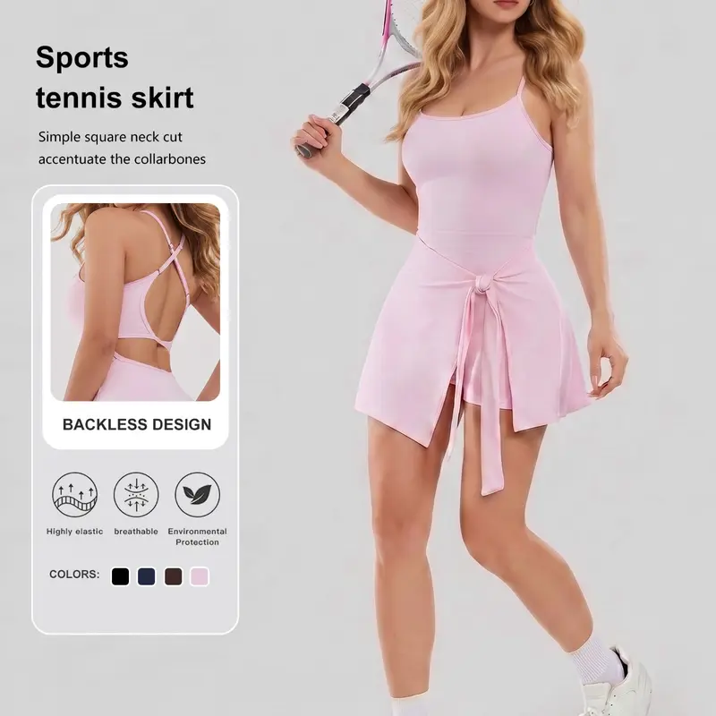 Women's Multifunctional Tennis Dress, Athletic Dresses, Backless Sexy Cutout, Anti-Exposure Shorts, Butterfly Knot Sporty Mini Dress, All Seasons