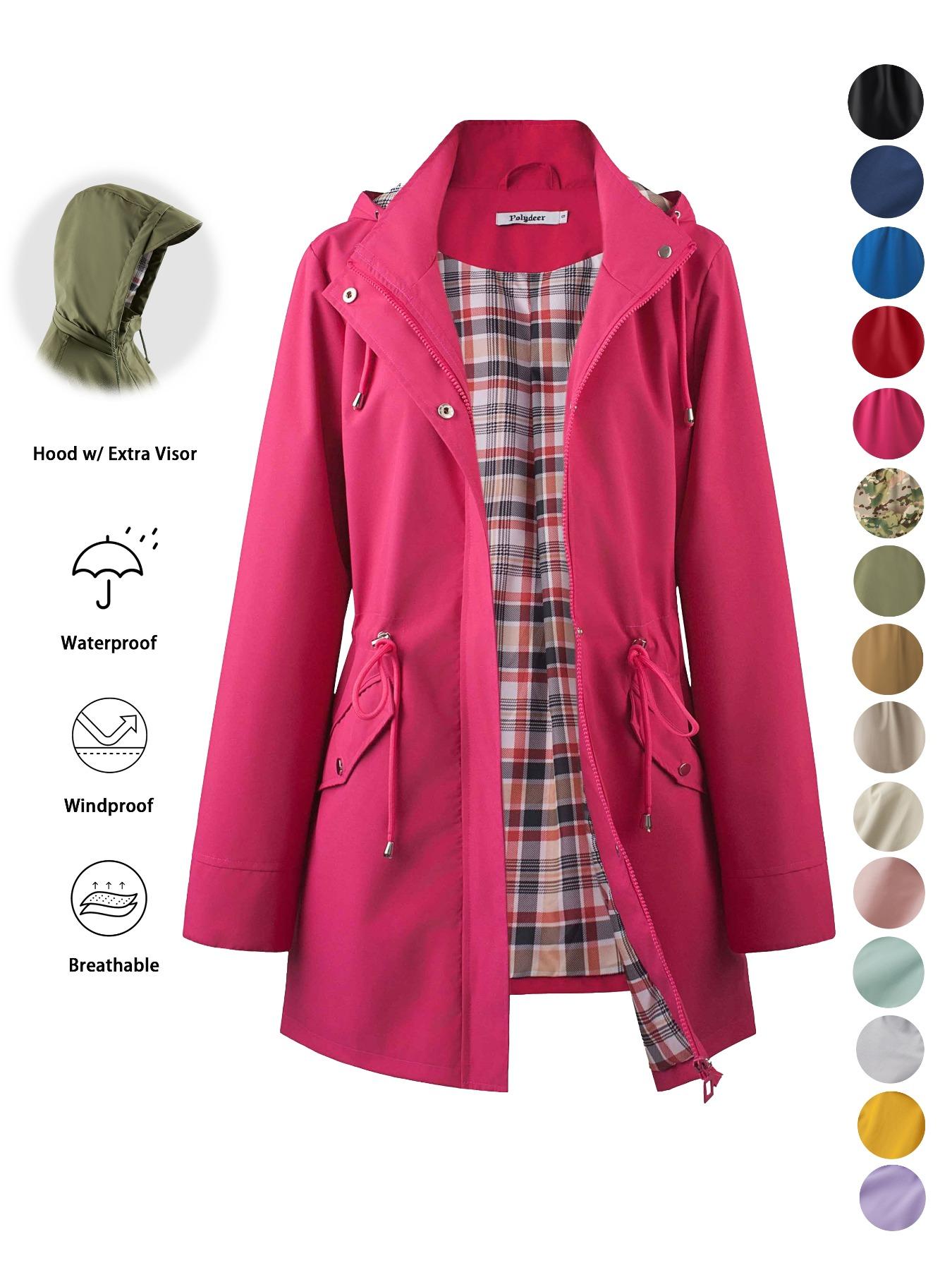 Women's Solid Color Drawstring Zip Up Hooded Trench Coat Raincoat, Casual Long Sleeve Waterproof Windproof Breathable Outerwear for Spring & Fall, Ladies Clothes for Daily Wear