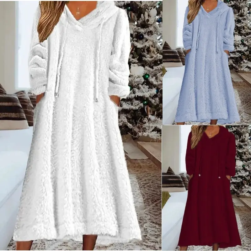 Women's Fuzzy Fleece Hoodie Dress Oversized Sherpa Long Pullover Sweatshirt Dress Drawstring with Pockets Cozy Winter Warm Casual Loungewear Everyday Home Outfit Holiday Pajamas Aesthetic Clothes