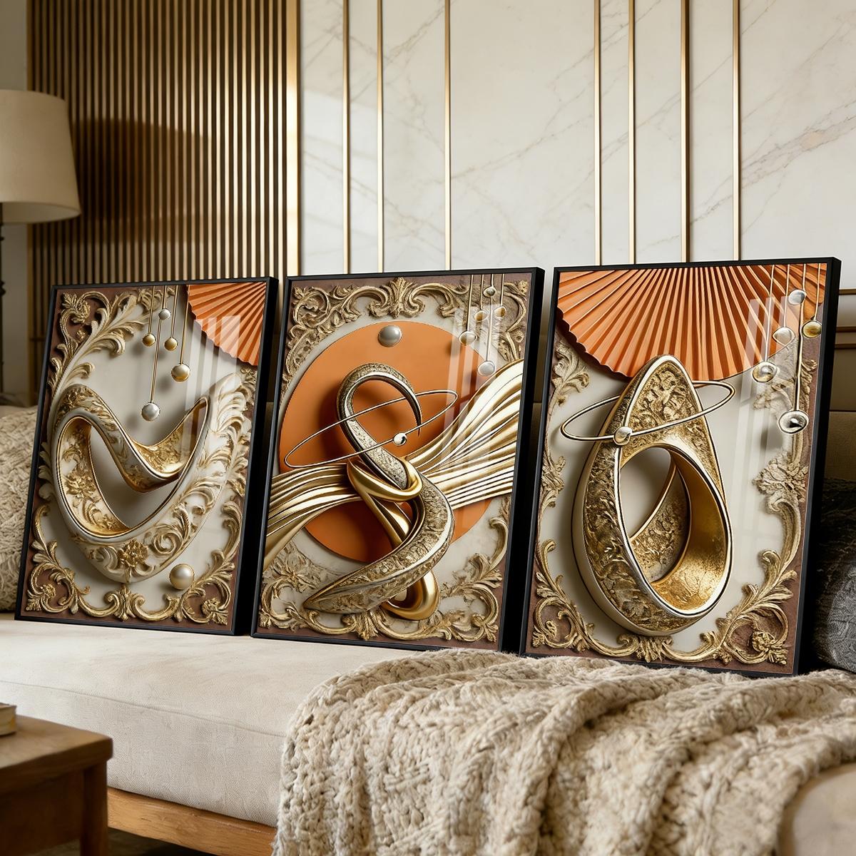 3 Counts Aluminum Alloy Framed Painting, Abstract Gold And Beige Geometric Art Pictures, Home Decoration For Living Room, Bedroom, Office, Restaurant, Hallway Wall Decor, Odorless Print Artwork, Luxury Perfect Gift For Friends And Family