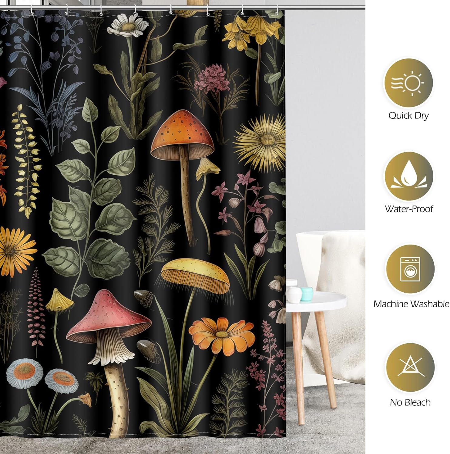 Vintage Dark Cottagecore Mushroom Shower Curtain - Retro Botanical Wildflower Print, Waterproof Fabric Curtain with 12 Hooks | Whimsical Gothic Bathroom Decor #showercurtain #mushroom #cottagecore #vintage #botanical #waterproofcurtain  #gothicdecor