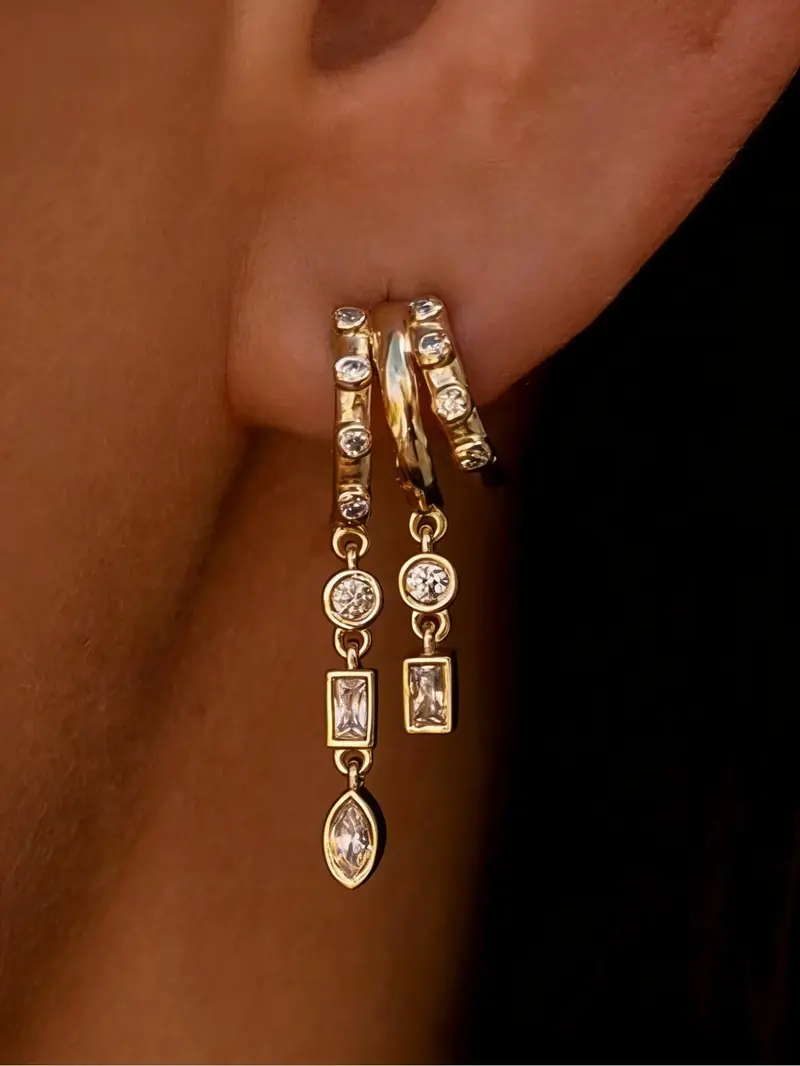 14K Gold-Plated CZ Drop Huggie Earrings for Women, Multi-Gemstone Design, Hypoallergenic Brass, Perfect for Everyday Wear & Layering, Trendy Minimalist Jewelry, Stackable Earrings, Versatile Earrings
