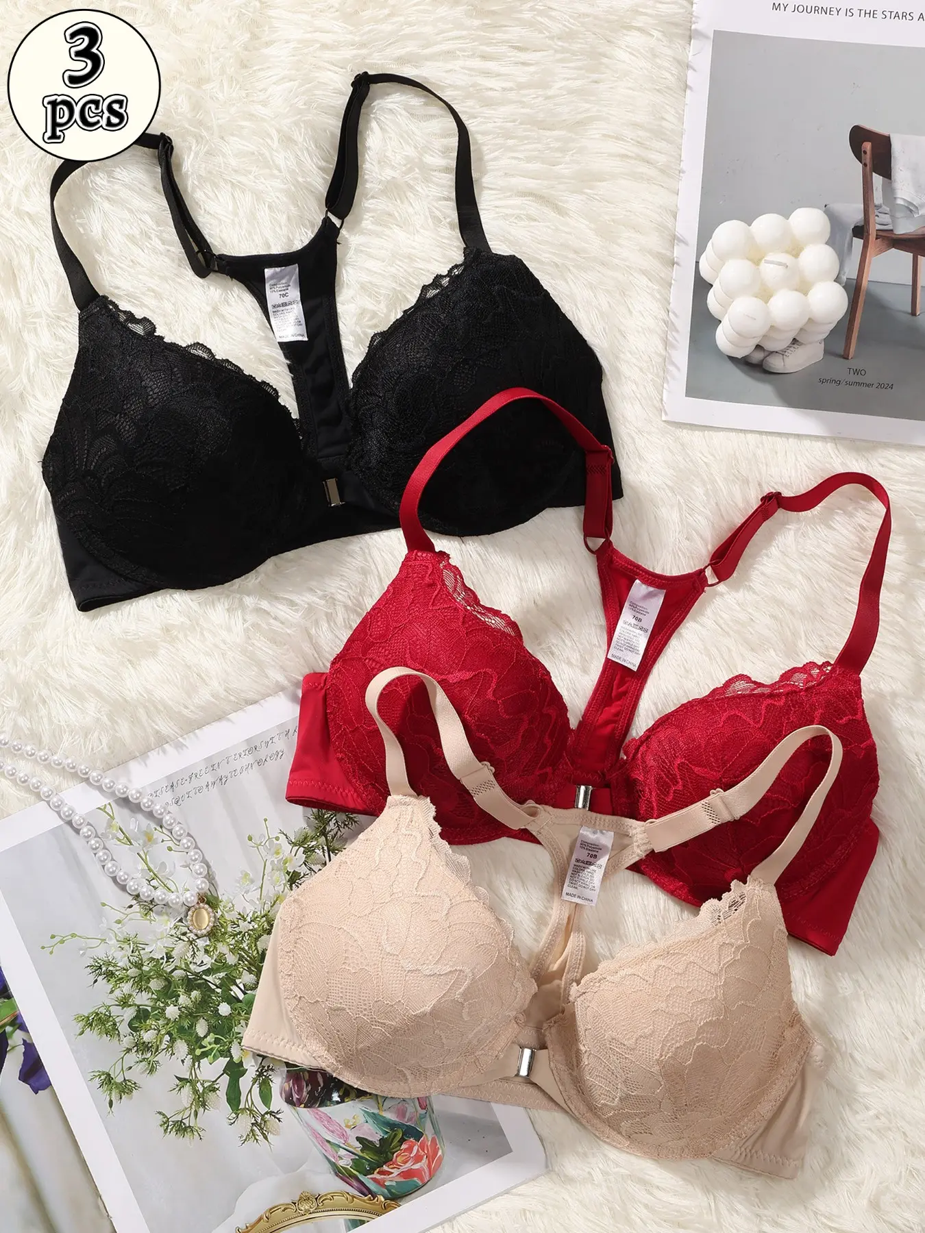 Women Lace Bra Set, Front Clip Design, Adjustable Shoulder Straps, Soft Padded Cup, Multi‑Color Floral Lace Bralette, Comfort Support for Daily Wear, Must‑Have Lingerie Collection, Chic