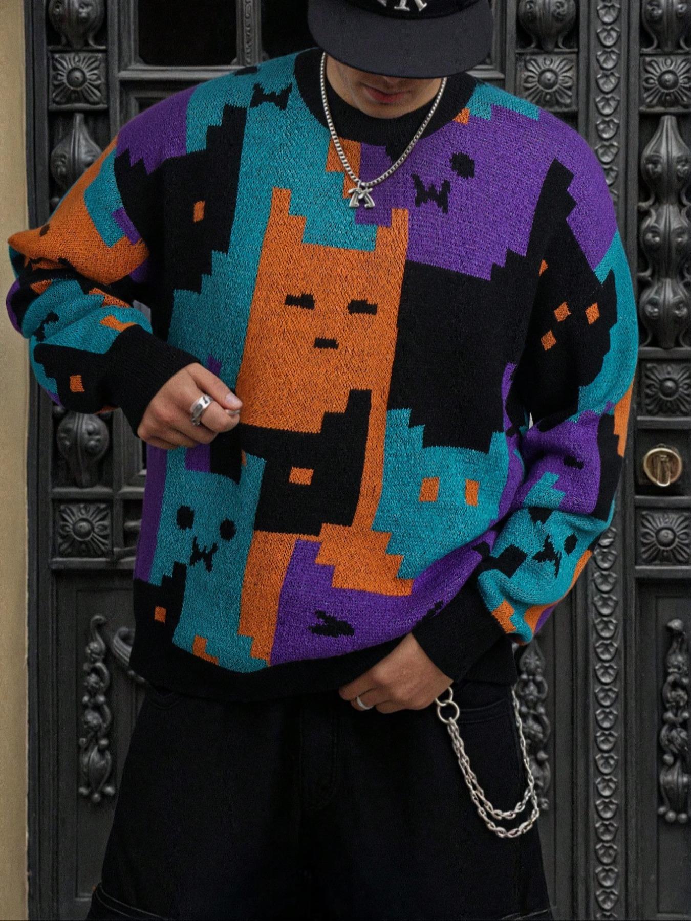 Unisex Casual Knitted Sweater, Vintage Crewnecks Jumper, Long Sleeve Round Neck Pullover, Cartoon Cat Pattern, Spring Fall Winter Wear, Comfortable Commuter Top