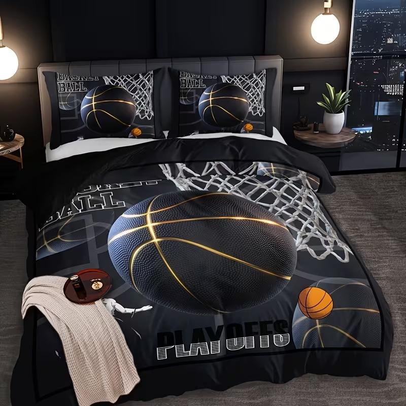 3pc Slam Dunk Pattern Bedding Set, Basketball Letter Print Duvet Cover Set, includes 1 duvet cover and 2 pillowcases, suitable for single, double, and king-size beds, available in multiple sizes.  Ideal for bedrooms, guest rooms, dormitories, and hotels