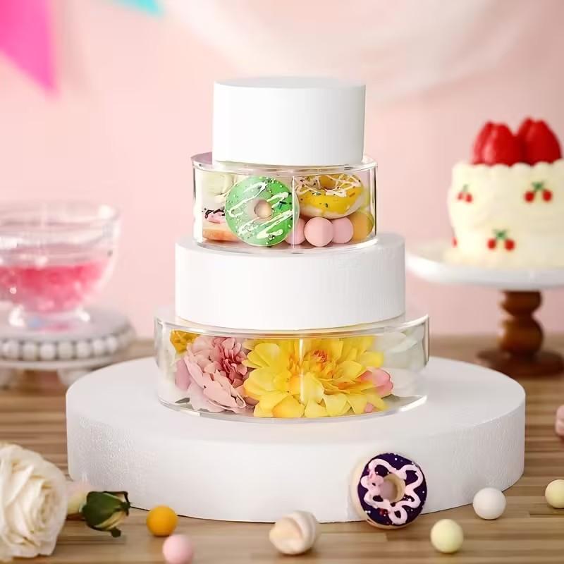 2pcs Transparent Acrylic Cake Stands - Stackable Nesting Cylinder Display Stands with Fillable Tiers, Suitable for Wedding Birthday Party Dessert Display, Reusable Tiered Cake and Cupcake Stands, Event Tableware Safe Design | Clear Style | Smooth