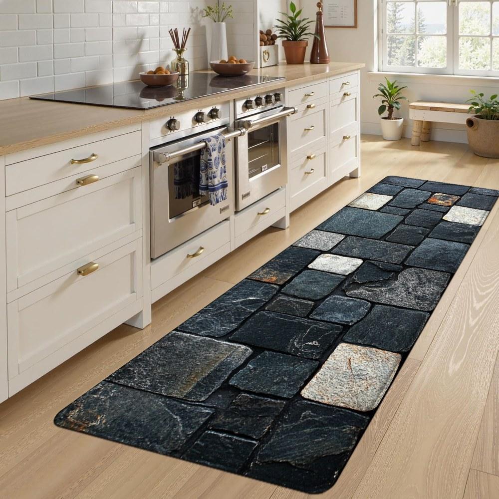 1PC， Black and White Stone Strip Splicing Patterned strip rugs, home décor, bathroom mats, entryway mats, bathroom non-slip mats, indoor entrance rugs, bedroom bedside mats, kitchen mats, hallway rugs, flannel sponge rugs, hallway runner rugs