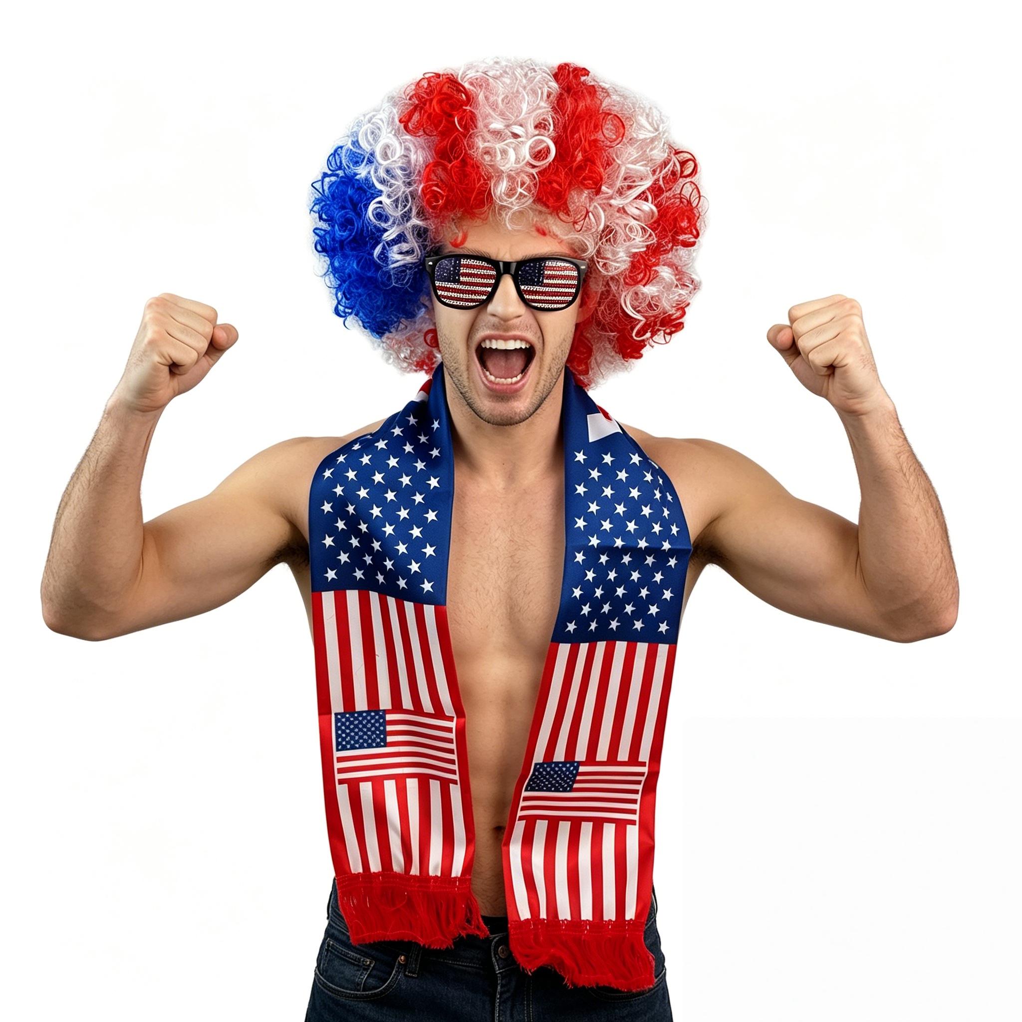3pc USA Football Fan Cheer Set - Afro Wig, Scarf & Glasses | 2026 Match Day Costume for Soccer Fans