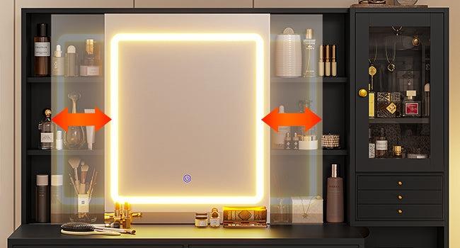 Sikaic  LED Makeup Vanity with Charging Station Jewelry Box Sliding Mirror Drawers Black Vanity Desk with Adjustable Lights