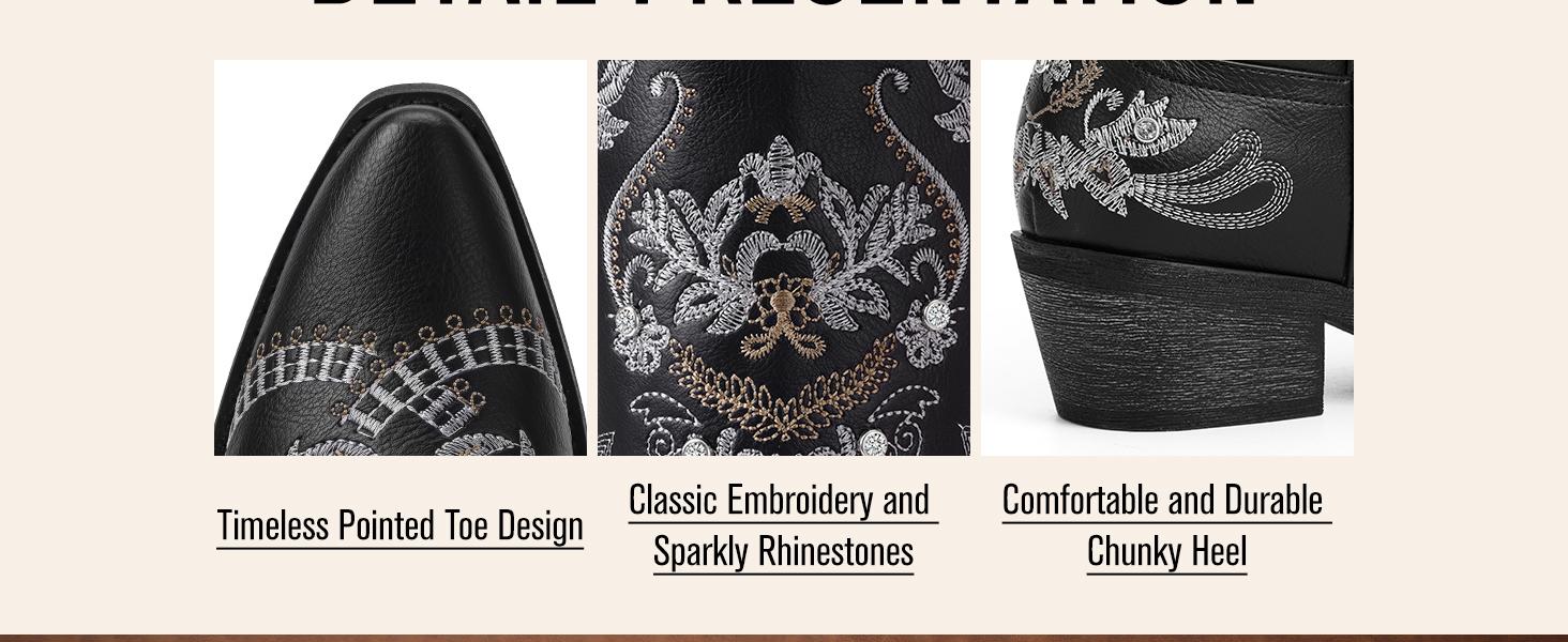 【Rodeo Boots】Wranglette Women's Embroidered Western Cowboy Boots Floral & Rhinestone Embellished Knee-High Cowgirl Boots, Pointed Toe & Block Heel Trendy Country, Festival, Party & Casual Footwear for Fashionistas into Vintage Western Style