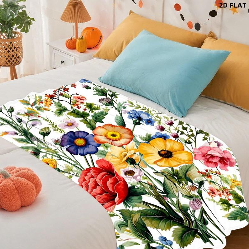Vibrant Floral Printed Throw Blanket, Single - sided Printing, Multiple Specifications Available, Decorative Botanical Design with Colorful Flowers & Green Foliage, Ideal for Napping/Lounging, Soft Comfortable Material, Perfect for Home Relaxation