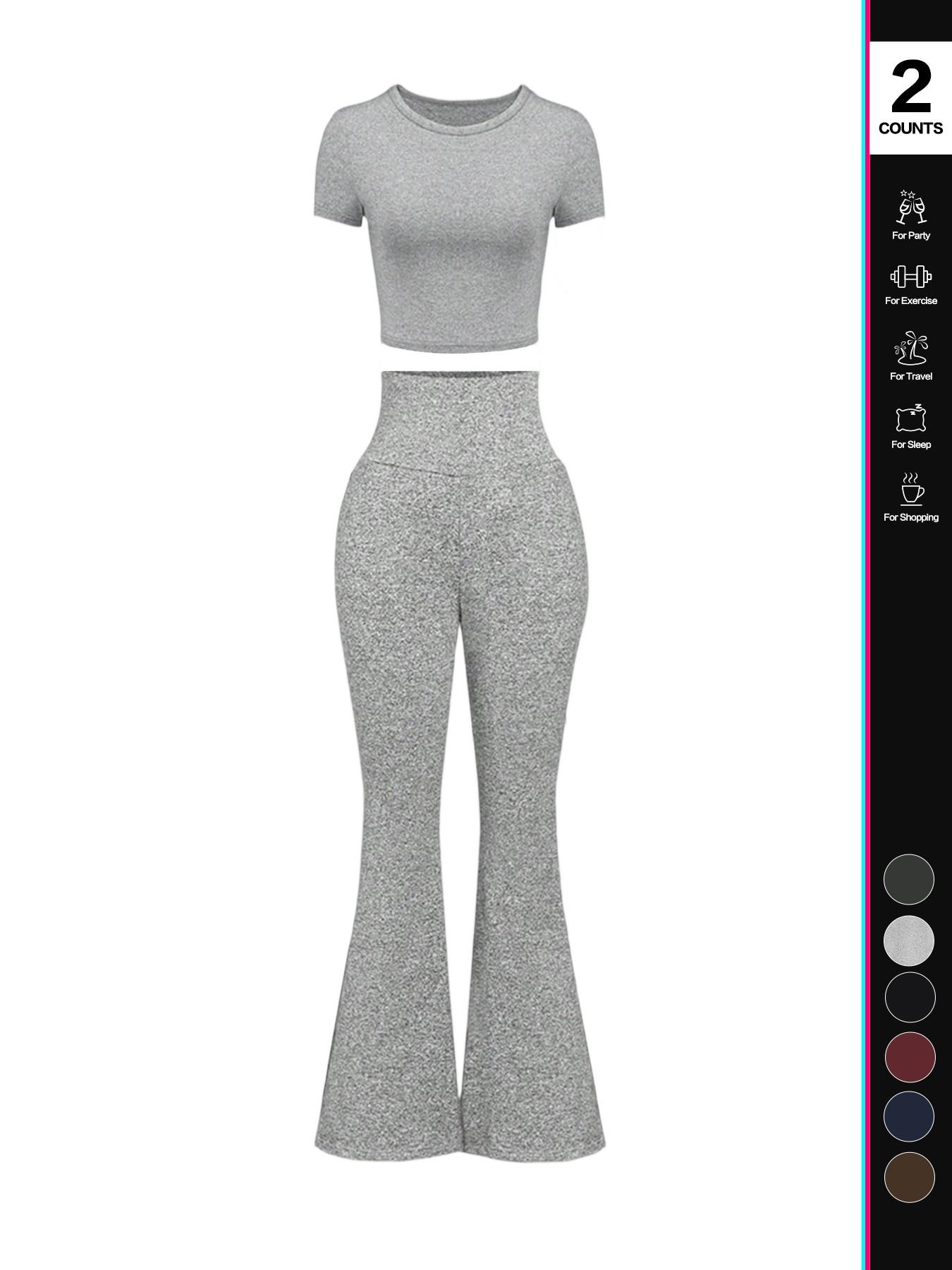 Women's High Waisted Flare Pants Set, 2 Piece, Short Sleeve Cropped T-Shirt Top, Bell Bottom Workout Sets, Casual Fashion, Athleisure Wear