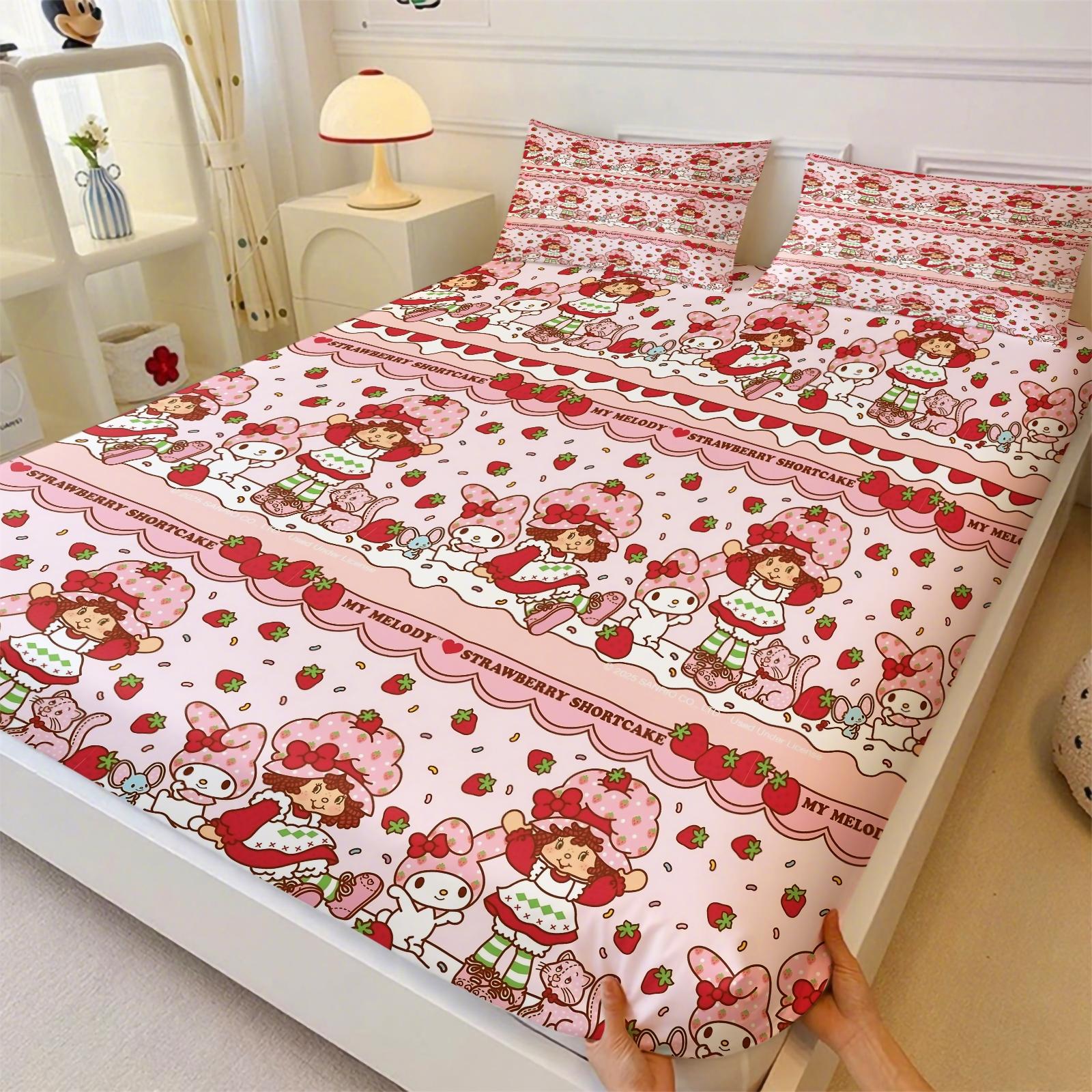 Q Version Strawberry Sweetheart Cartoon Fitted Sheet Set & 2 Pillowcases No Core, Wavy Stripe Design Paired with Cute Cartoon Characters, Soft Anti-Slip Wrinkle-Resistant, Girls' Bedroom Decor, Gift Choice