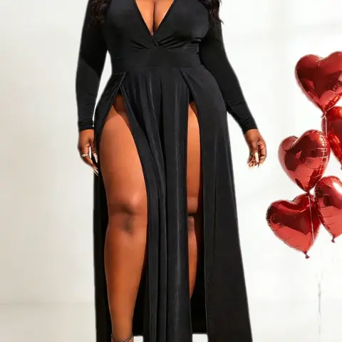 [Plus Size] Solid Color Split Thigh Chiffon Dress, Elegant Slit Formal Dress, Chic Long Sleeve Dress for Party Holiday Wedding Guest, Lady Women's Clothes Womenswear for Fall & Winter