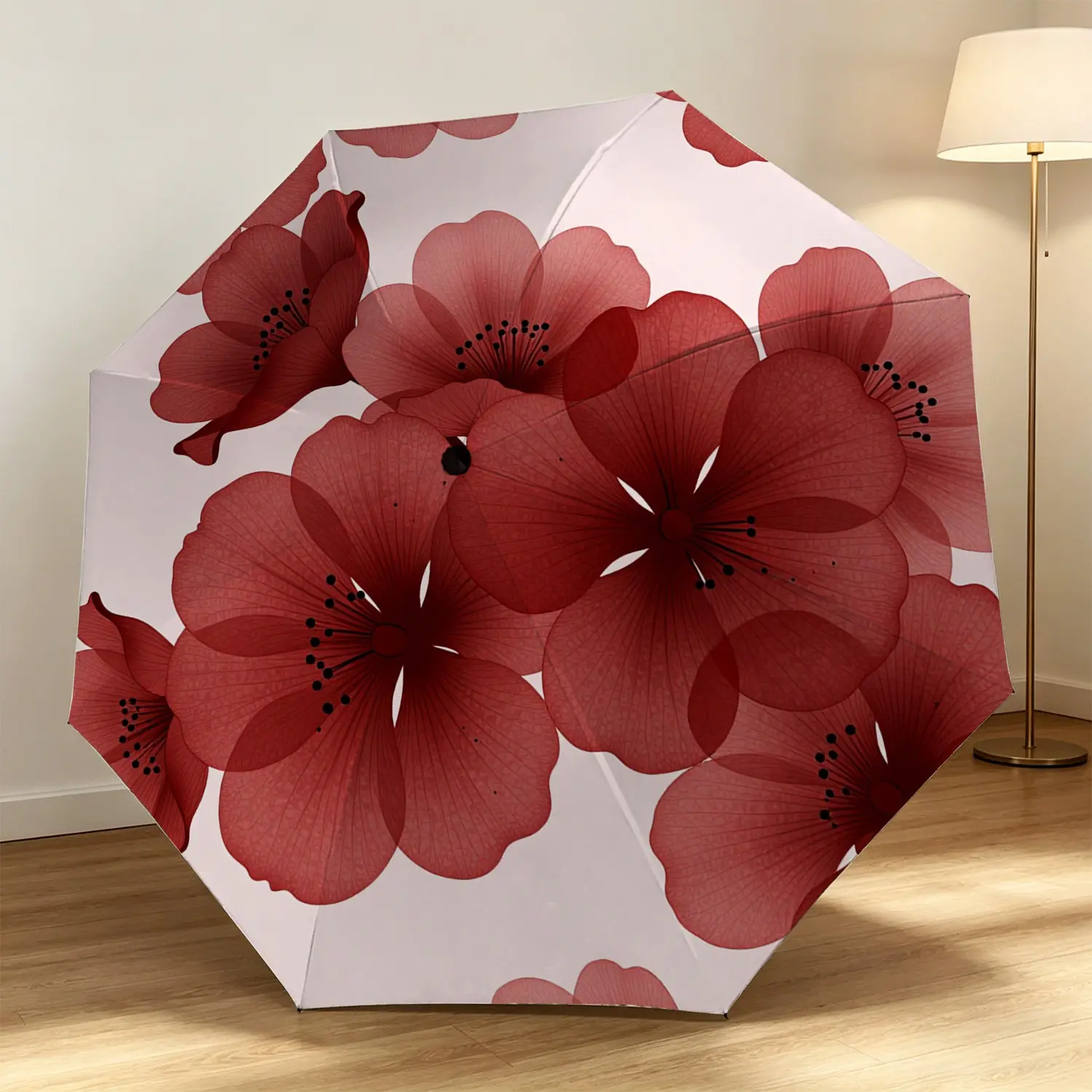 Transparent Watercolor Flower Design Automatic Folding Umbrella, 8-Rib Glass Fiber Frame, Plastic Handle, Wind-Resistant, Halloween & Christmas Gift