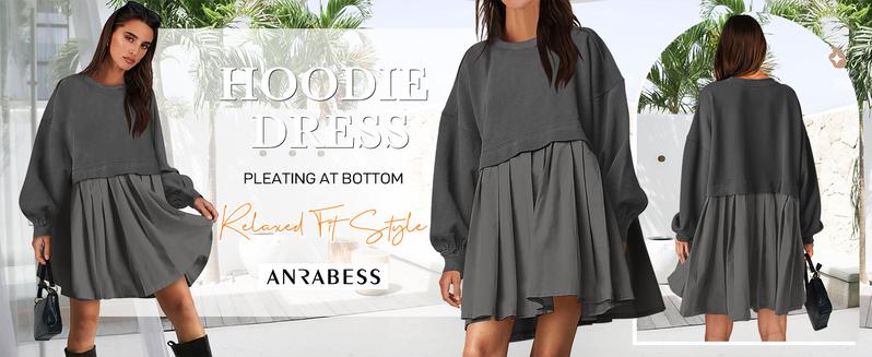 ANRABESS Women Oversized Sweatshirts Hoodie Dress Long Sleeve Crewneck Casual Baggy Patchwork Pleated Flowy Mini Dresses