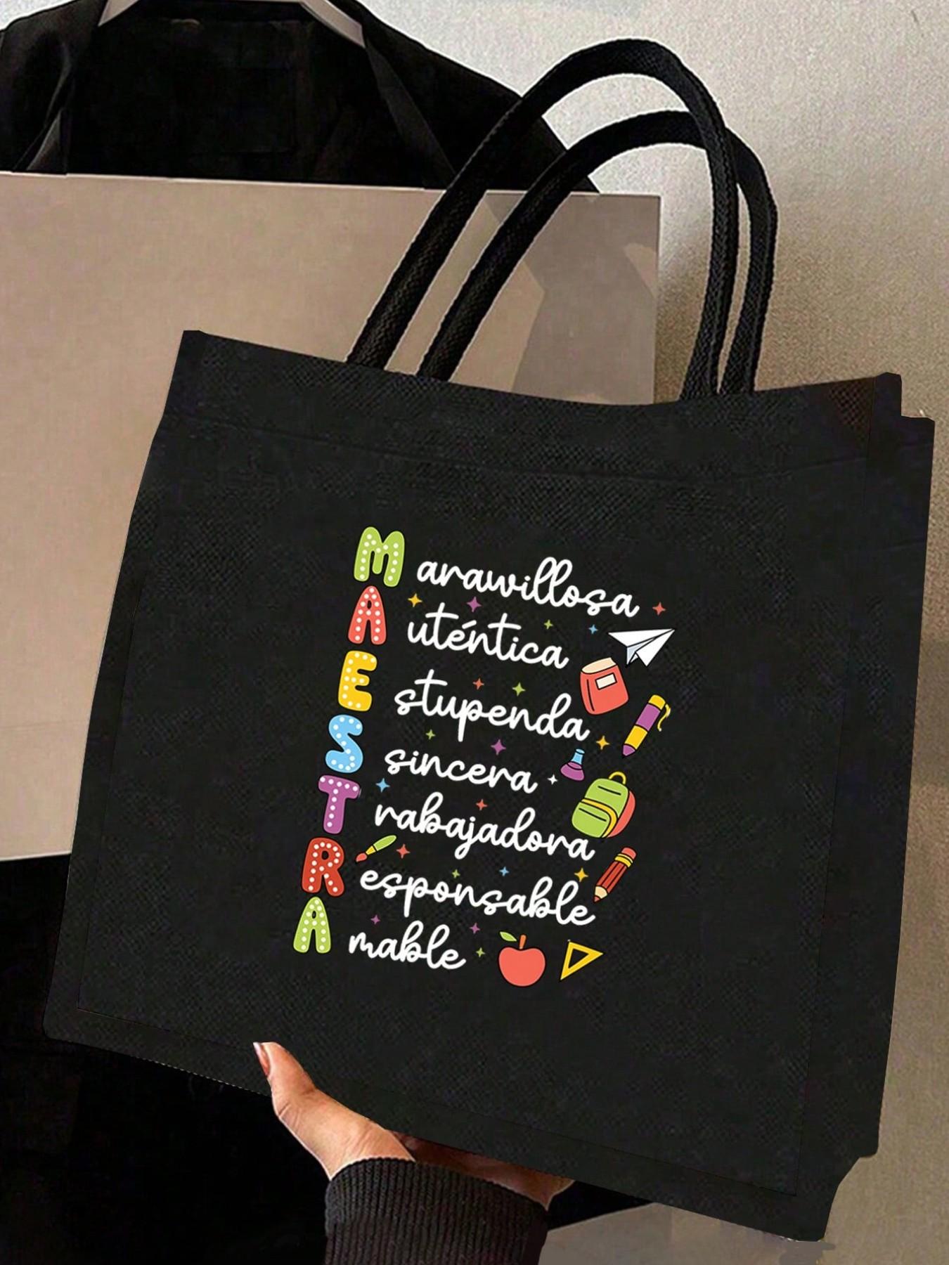 Women Teacher Tote Bag Set, Spanish Teacher Zipper Pouch, Cute Learning Print, Large Capacity Linen Bag, Reusable, Beach, Shopping, Travel, Gift