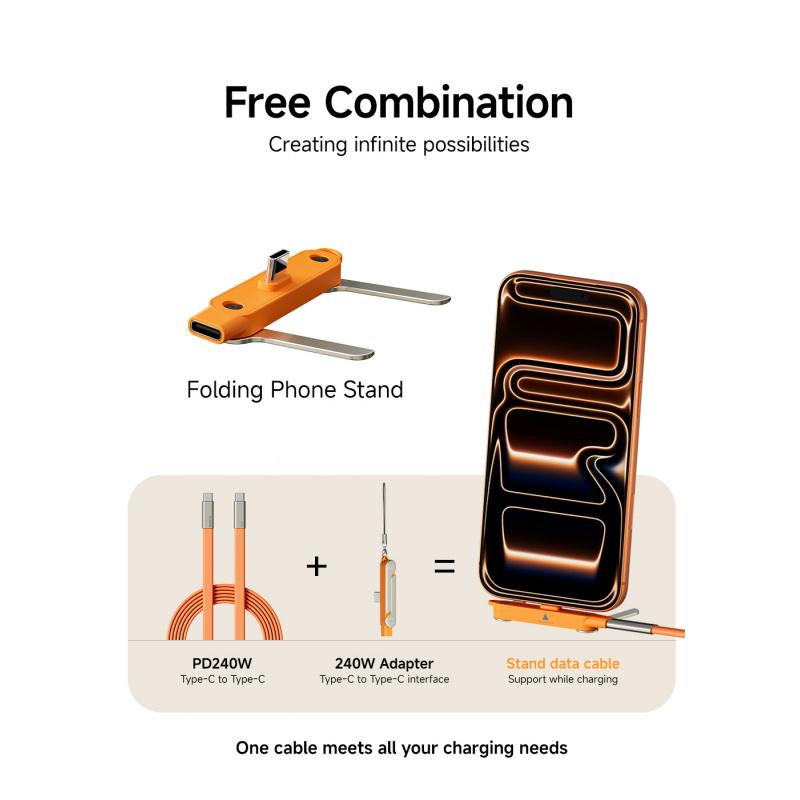 240W Fast Charging Cable Type C to C with Removable Foldable Bracket Stand, Bracket Adapter for Phone Tablet Supports Simultaneous Charging and Gaming Silicone Zinc Alloy Shell 150cm Long,Applicable to iPhone 15 - 17 Pro Max / Samsung, Cellphone