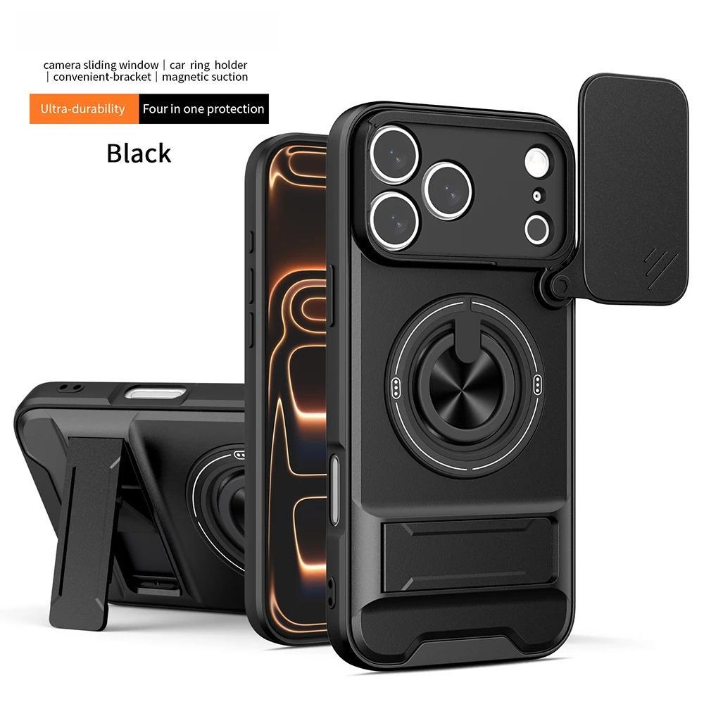 Phone Case: 3pcs Set[1 Phone Case+2 Screen Protectors] Luxury Multi-Functional Creative Push Window Rotating Ring Stand Phone Case Compatible with iPhone 17 16 15 14 13 12 11 Pro Max Plus Durable Fashion Magnetic Wireless Charging Shockproof Lens