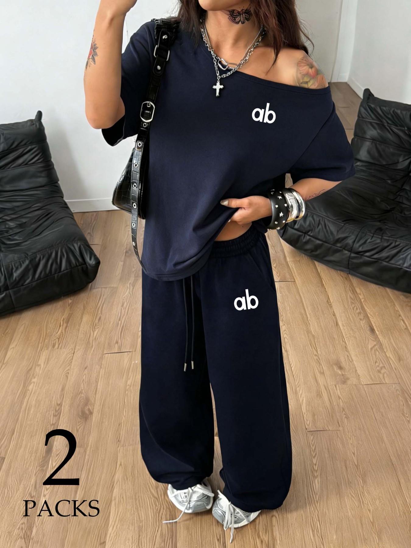 Women ab Letter Print Off-Shoulder Oversized T-Shirt & Wide Leg Pants Two Piece Set, Womenswear, Loose Fit, Soft Breathable Cotton Fabric, Perfect for Street Style, Daily Errands & Casual Lounging, Clothes